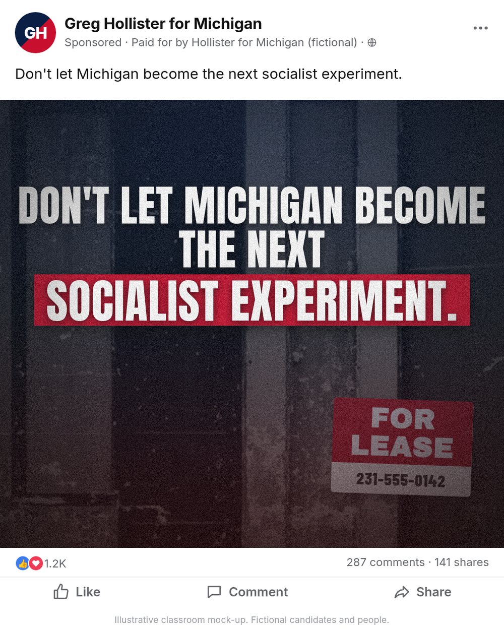 Sponsored ad from Greg Hollister for Michigan: Don't let Michigan become the next socialist experiment.