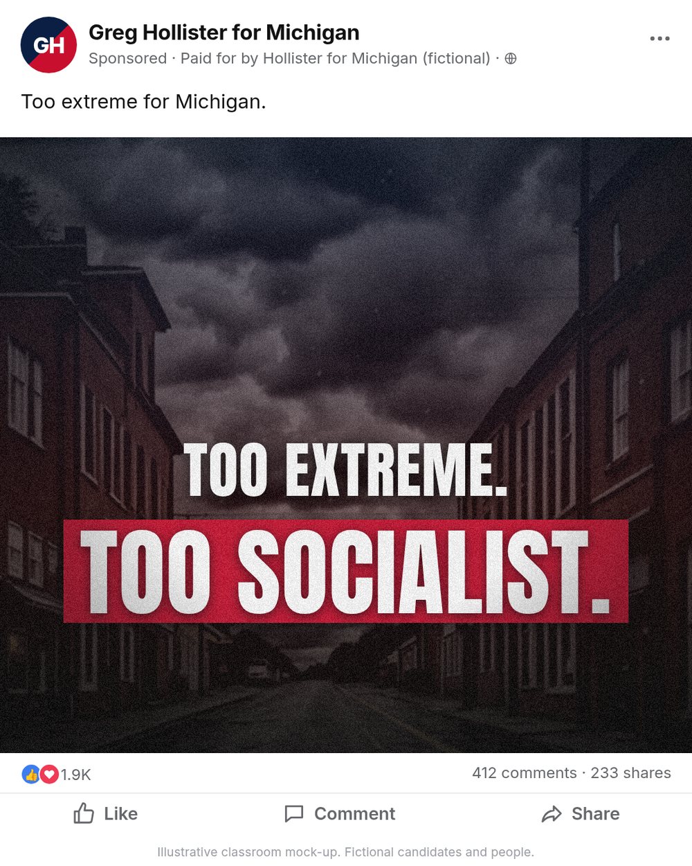Sponsored ad from Greg Hollister for Michigan: Too extreme. Too socialist.