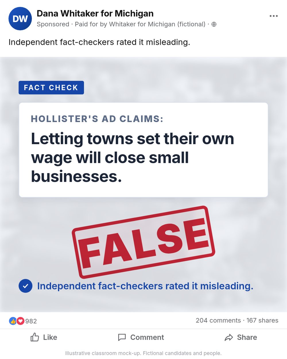 Sponsored ad from Dana Whitaker for Michigan: Fact check, Hollister's ad claim rated false.