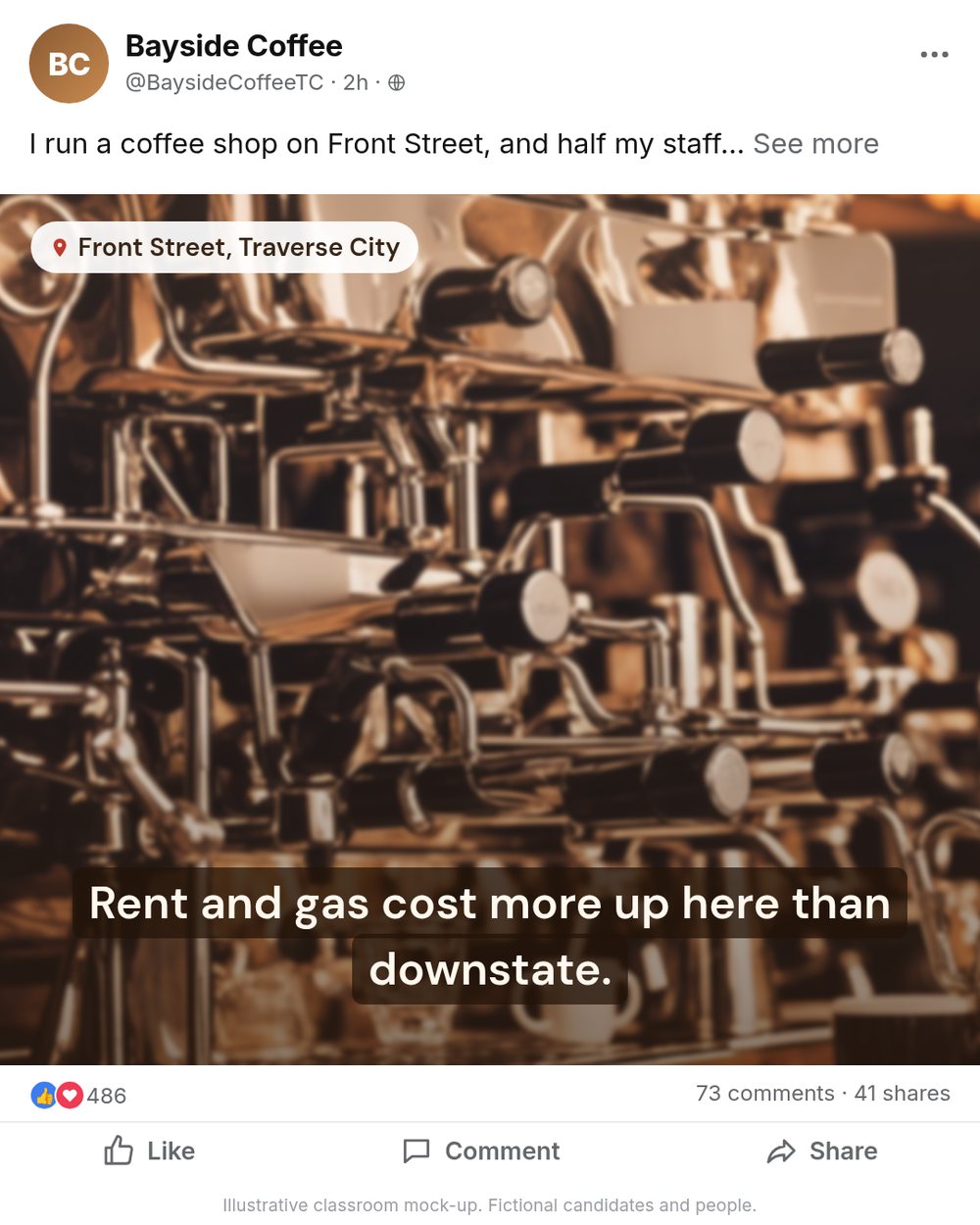 Post from Bayside Coffee (@BaysideCoffeeTC), Front Street, Traverse City: Rent and gas cost more up here than downstate.
