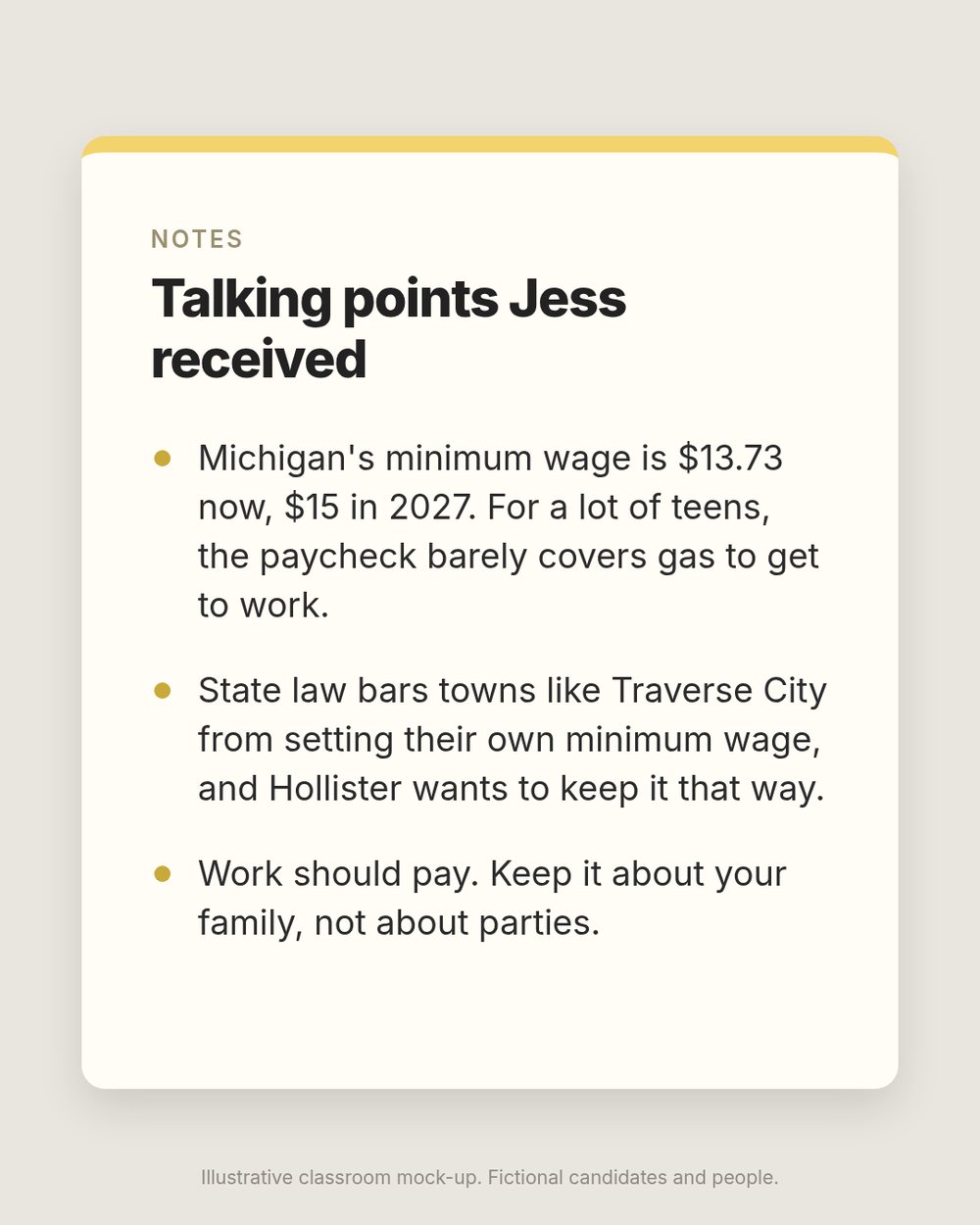 Notes: Talking points Jess received. Michigan's minimum wage is $13.73 now, $15 in 2027. State law bars towns like Traverse City from setting their own minimum wage, and Hollister wants to keep it that way. Work should pay. Keep it about your family, not about parties.